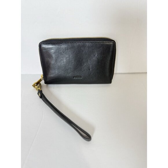 Fossil Women’s Emma Black RFID Large‎ Zip Around Wristlet Leather Clutch - Picture 2 of 10